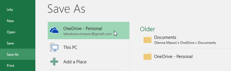 Save As screen showing OneDrive