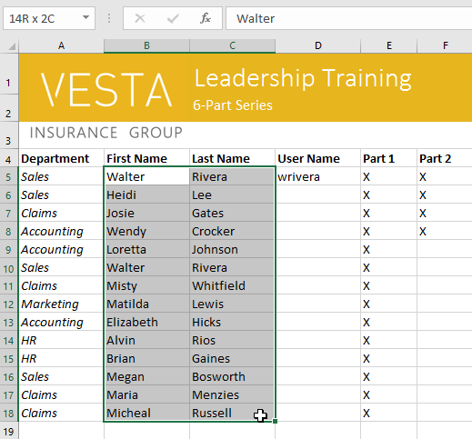 Selecting a range in Excel