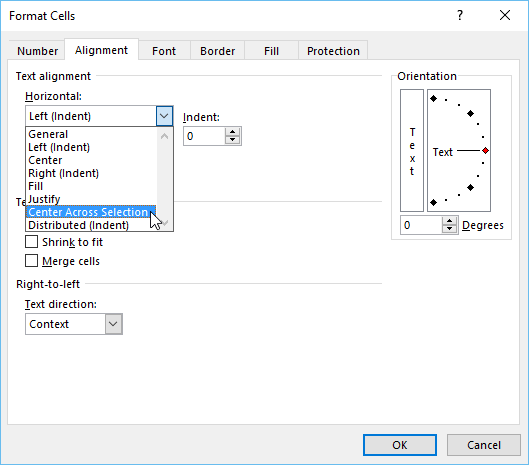 Center Across Selection dialog