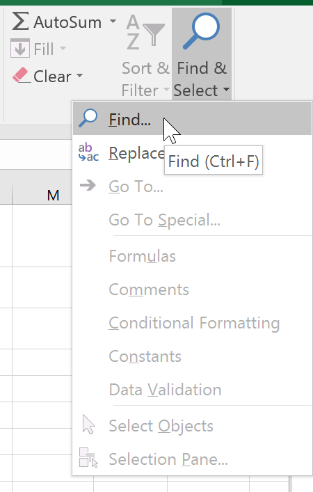 Find command in Excel