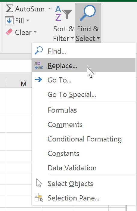 Replace option in Excel