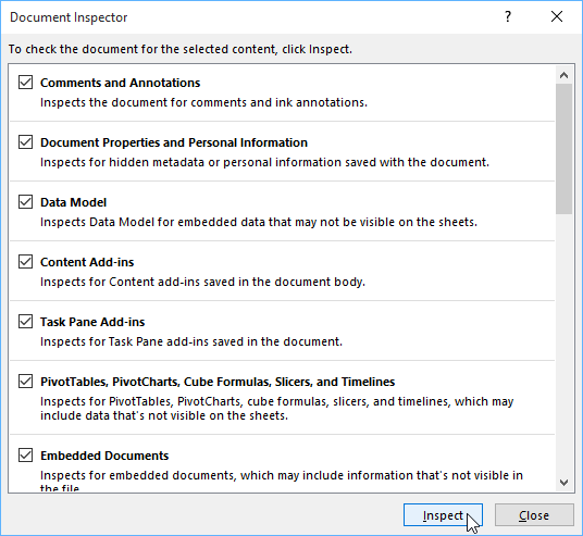 Document Inspector options window