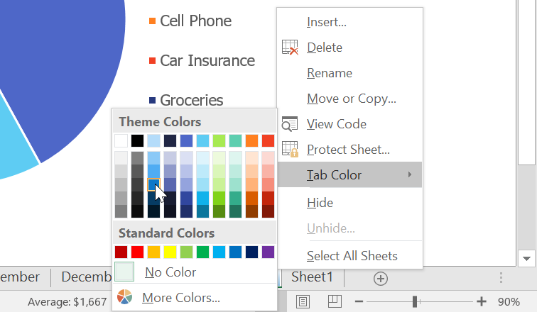 Tab color menu