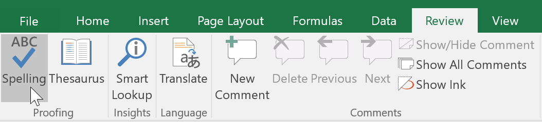 Spelling command on Review tab