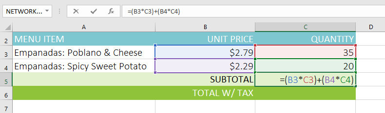 Subtotal formula improved with parentheses