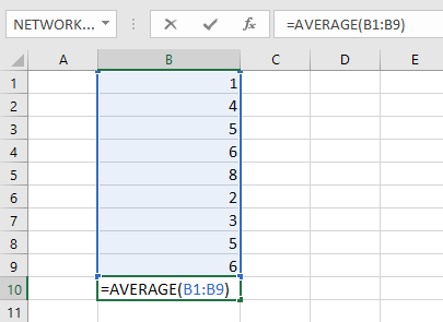 AVERAGE function example with cell range argument
