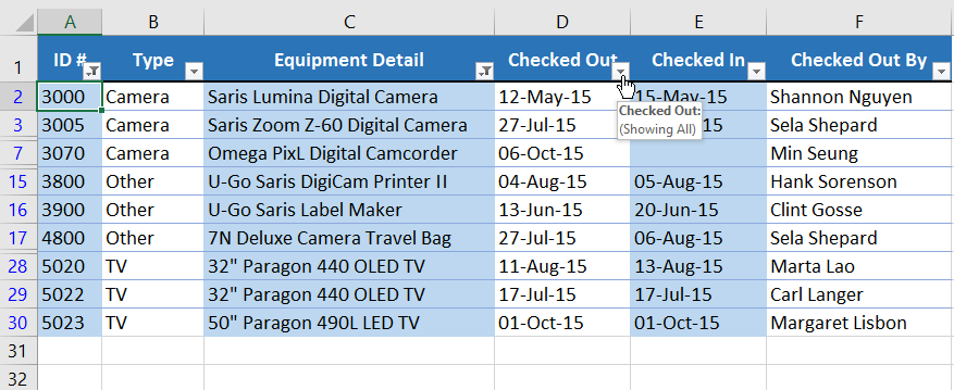 Filter dropdown arrow in a table header