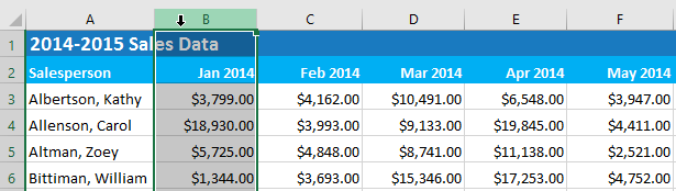 Freeze columns selection