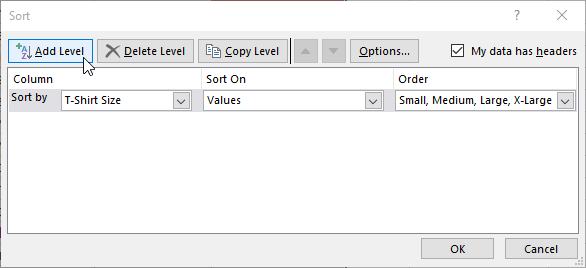 Add Level in Sort dialog