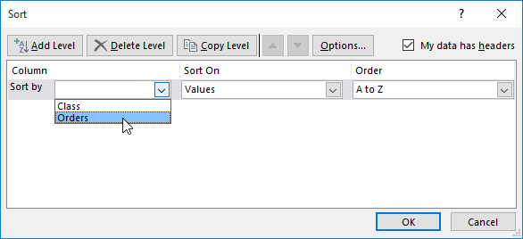 Sort dialog box