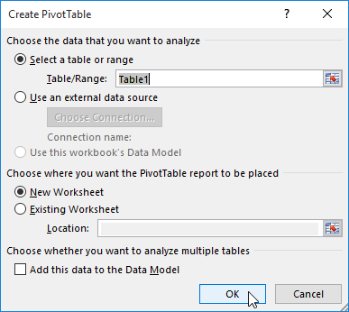 Create PivotTable dialog box