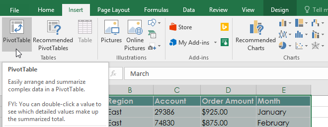PivotTable command in Excel ribbon