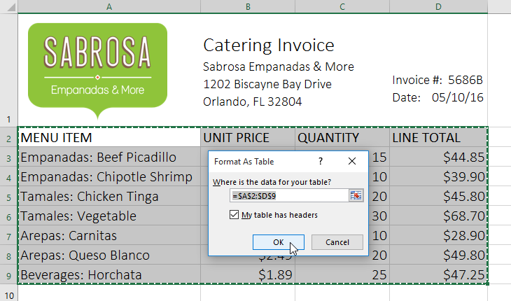 Table headers enabled