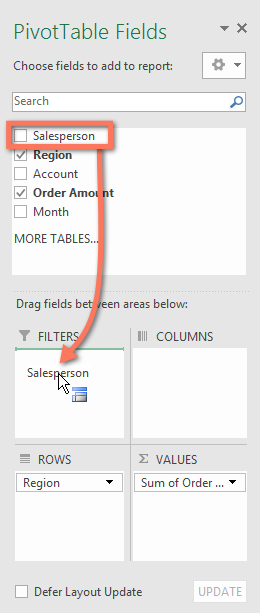 Adding a field to the PivotTable filter area