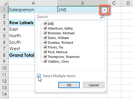 Selecting multiple filter items in PivotTable