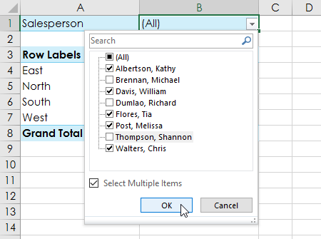 Unchecking filter options in PivotTable