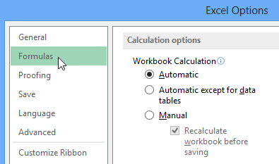 Excel Options formulas settings