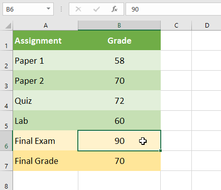 Goal Seek calculated final exam score