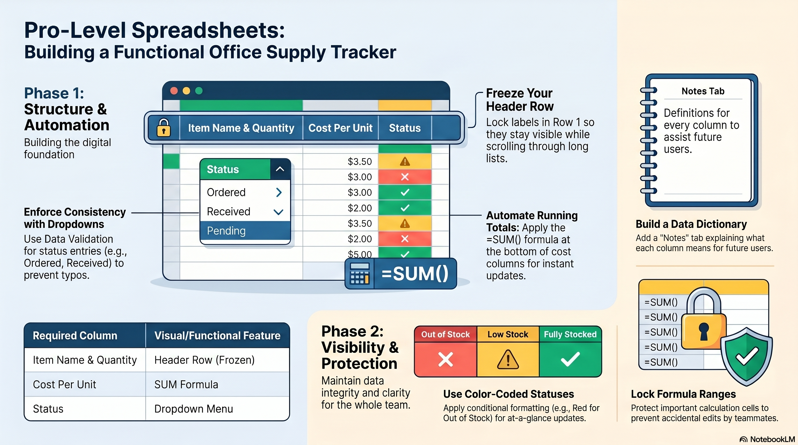 Pro-Level Spreadsheets: Building a Functional Office Supply Tracker — Phase 1: Structure & Automation (frozen headers, validation dropdowns, =SUM formula), Phase 2: Visibility & Protection (conditional formatting, data dictionary, formula cell protection)
