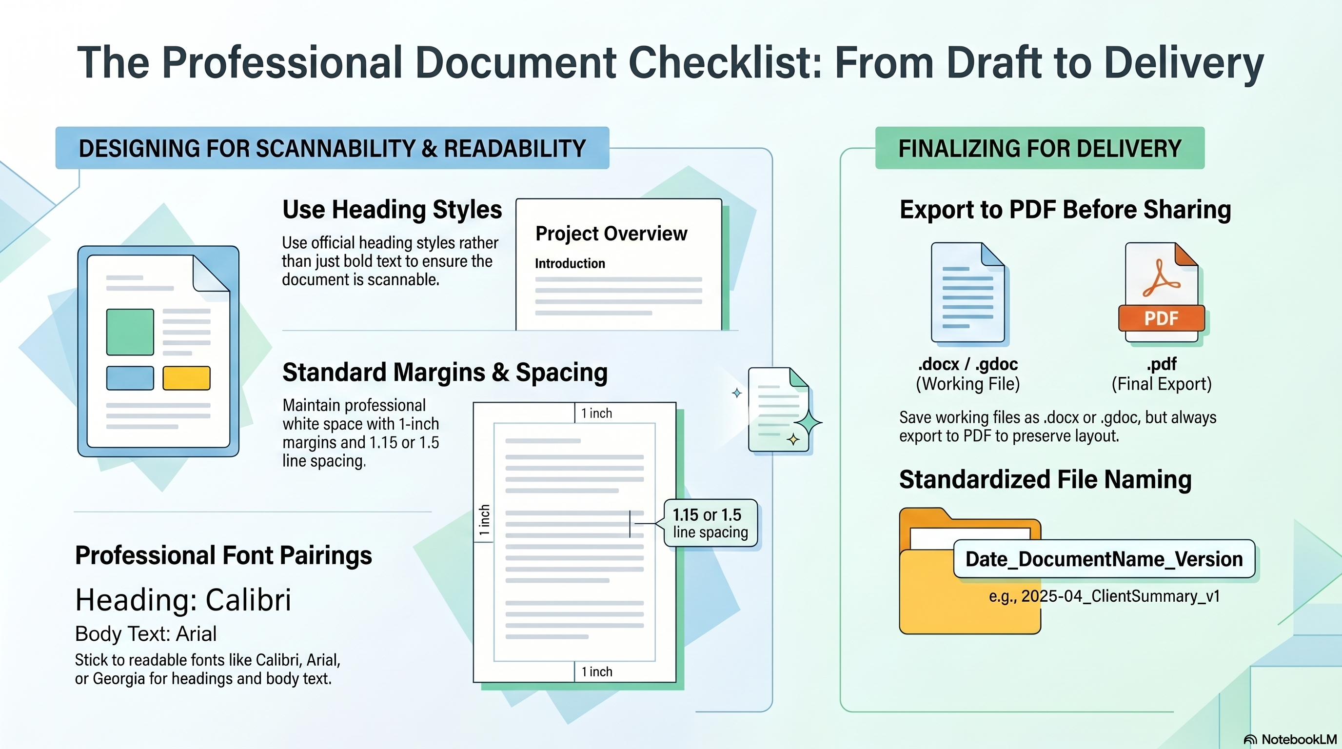 The Professional Document Checklist: From Draft to Delivery — covering heading styles, margins, font pairings, PDF export, and file naming conventions