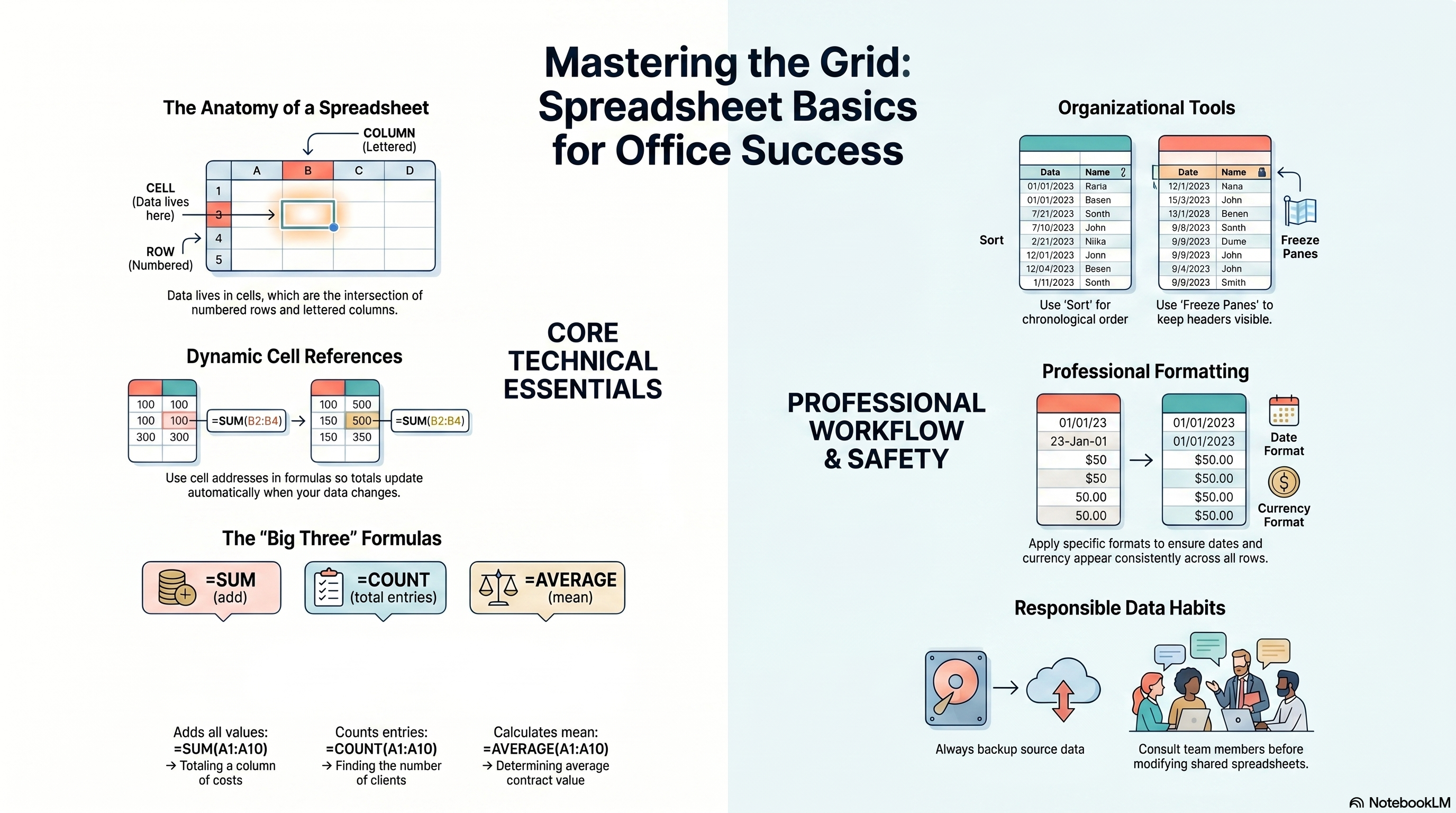Mastering the Grid: Spreadsheet Basics for Office Success — covering spreadsheet anatomy, dynamic cell references, the Big Three formulas, organizational tools, professional formatting, and responsible data habits