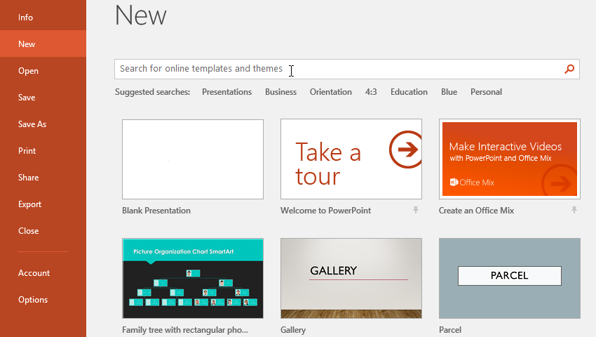 PowerPoint template selection screen