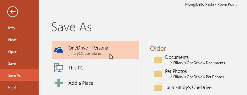Saving a PowerPoint presentation to OneDrive