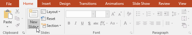 New Slide command on Home tab