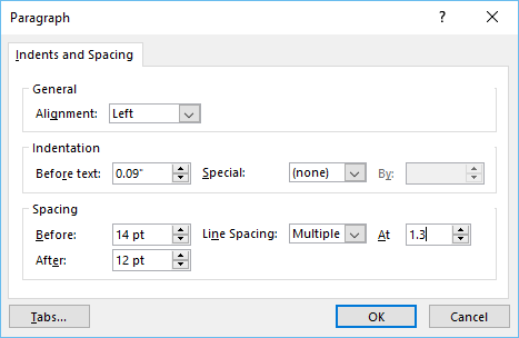 Line spacing options dialog box