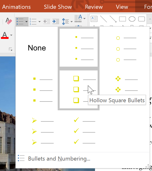 Selecting a bullet style in PowerPoint