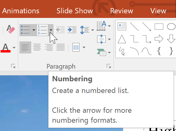 Numbering command in PowerPoint