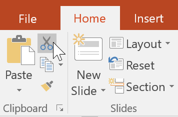 Cut command on the PowerPoint ribbon