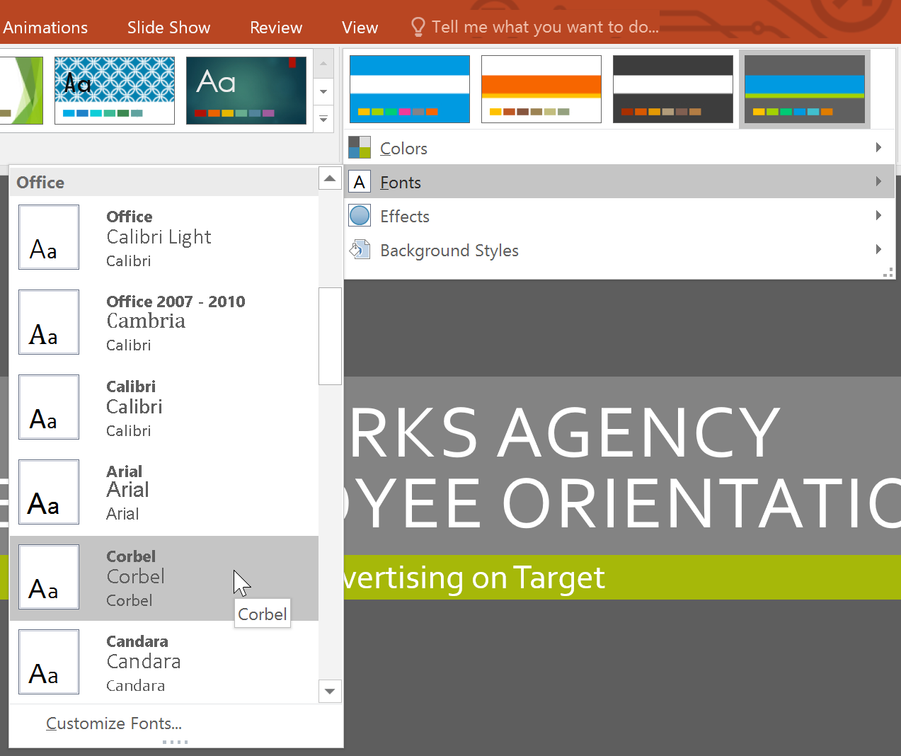 Theme fonts menu in PowerPoint