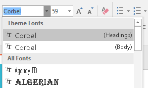 Theme fonts shown in PowerPoint font menu