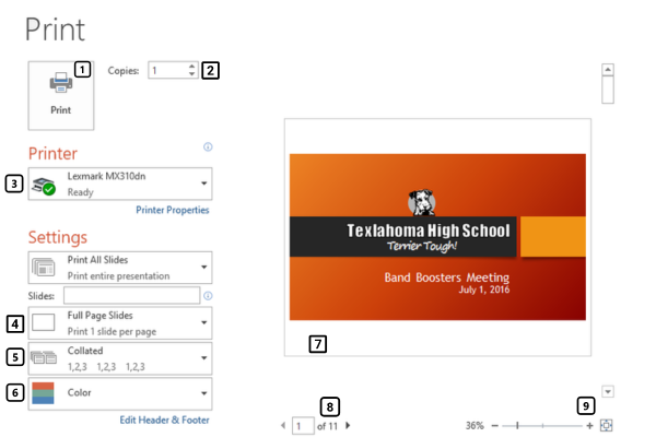 Print settings options in PowerPoint