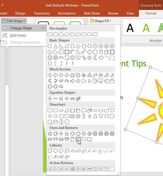 Edit Shape and Change Shape menu in PowerPoint