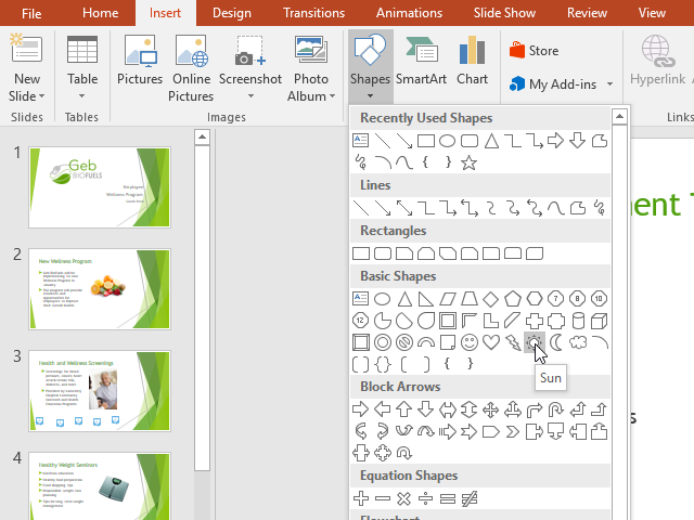 Shapes menu on the Insert tab in PowerPoint