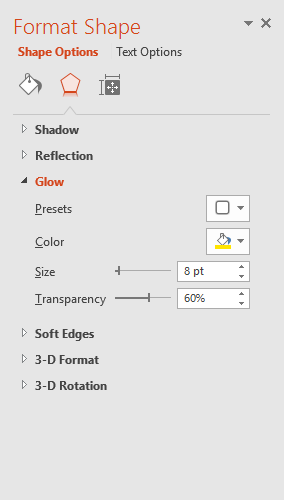 Format Shape pane showing glow options