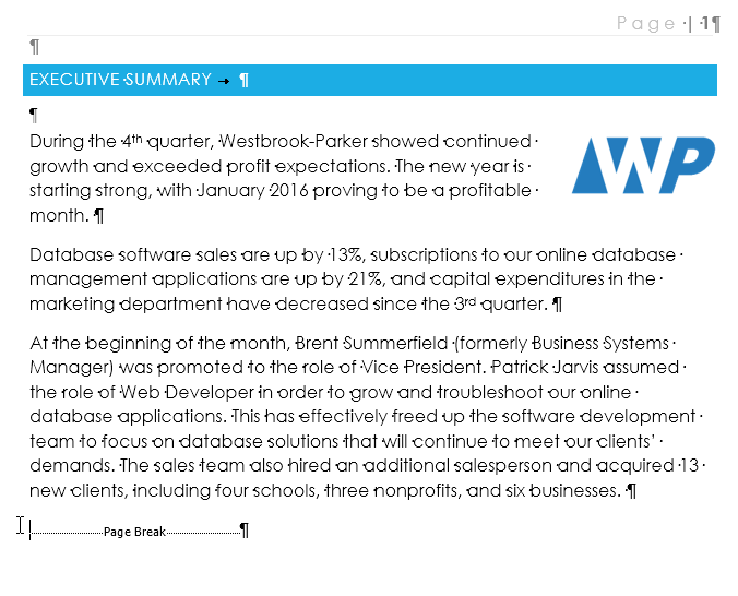 Placing insertion point before break