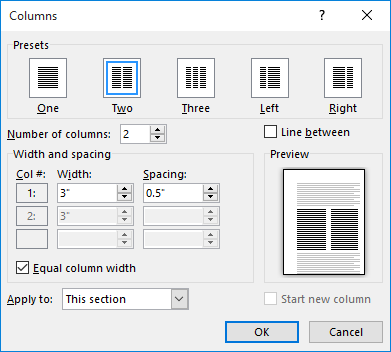 More Columns dialog box