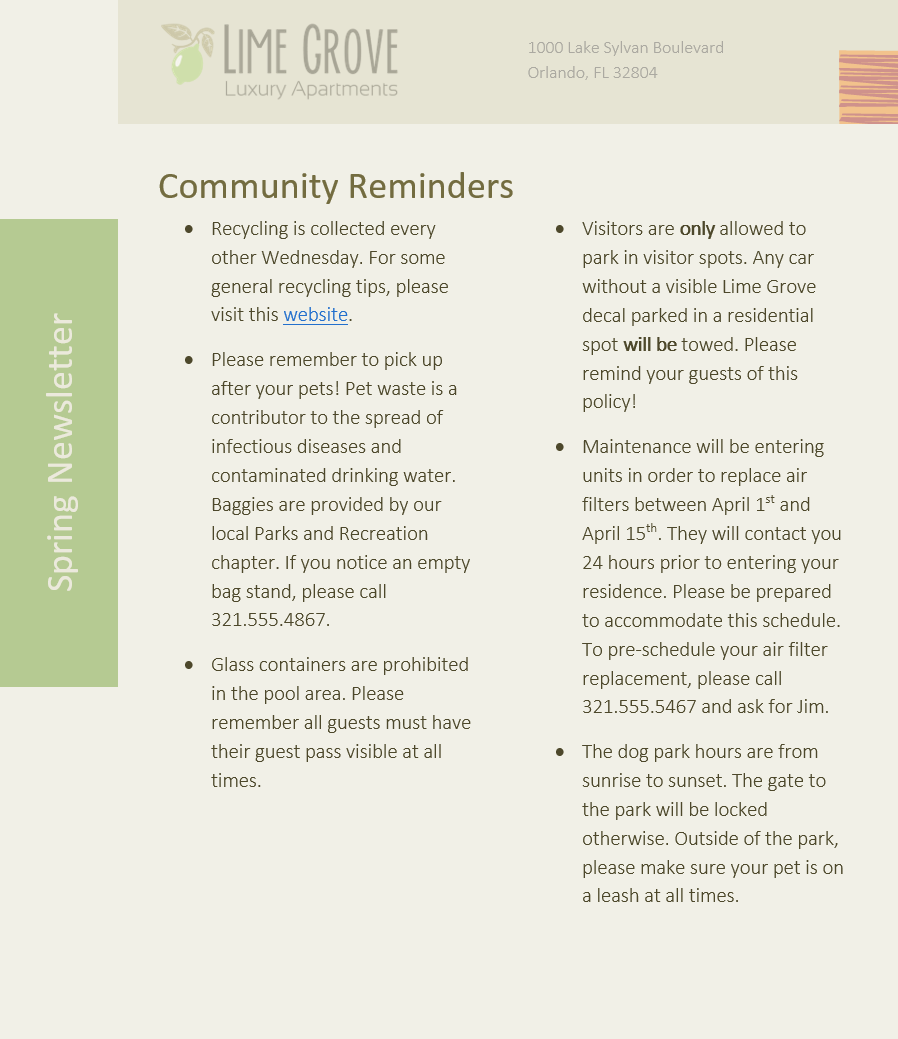 Completed newsletter with two columns