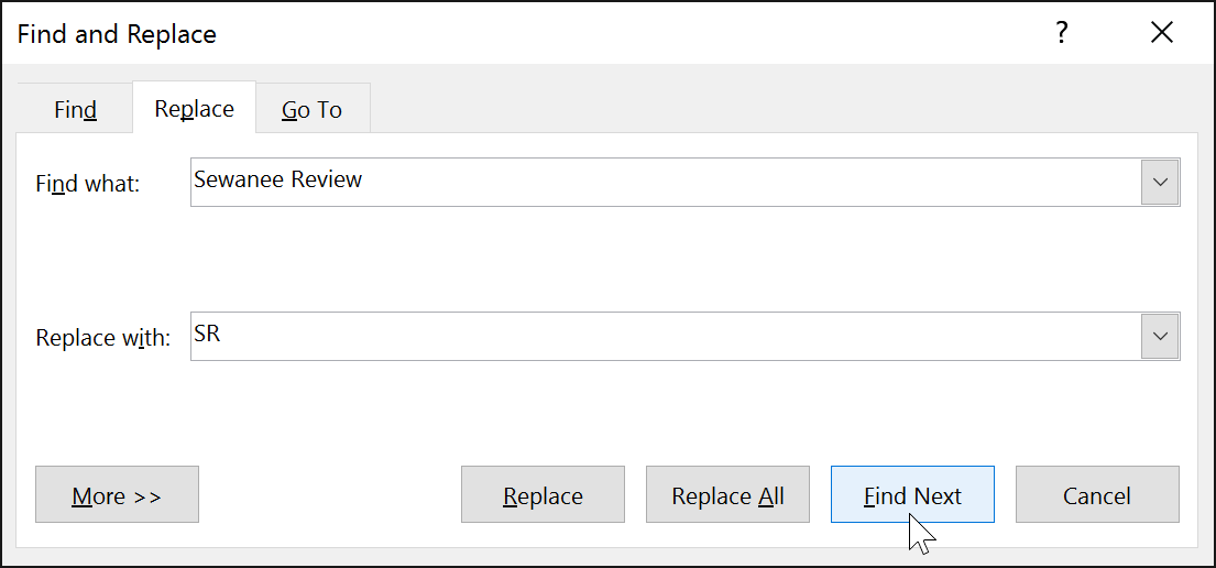 Find and Replace dialog box