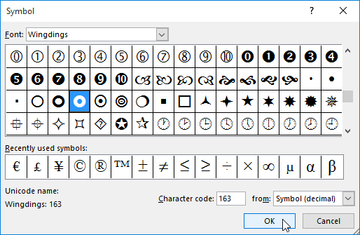 Wingdings symbol selection