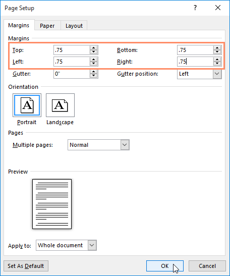 Page setup margins dialog