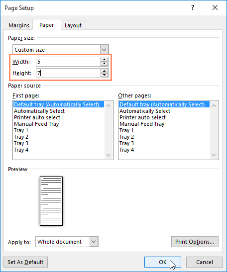 Custom paper size dialog
