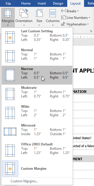 Margins dropdown menu