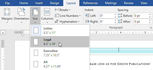Paper size dropdown menu