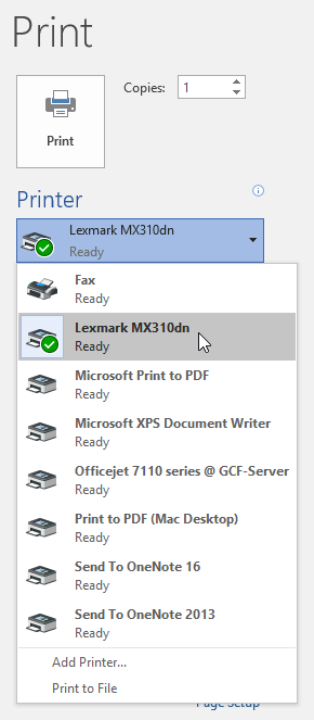 Printer dropdown menu