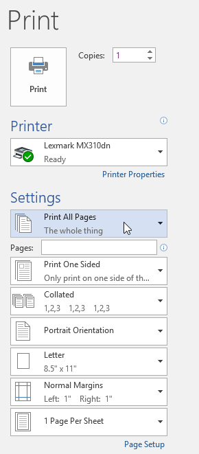 Print settings options