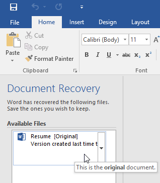 Document Recovery pane